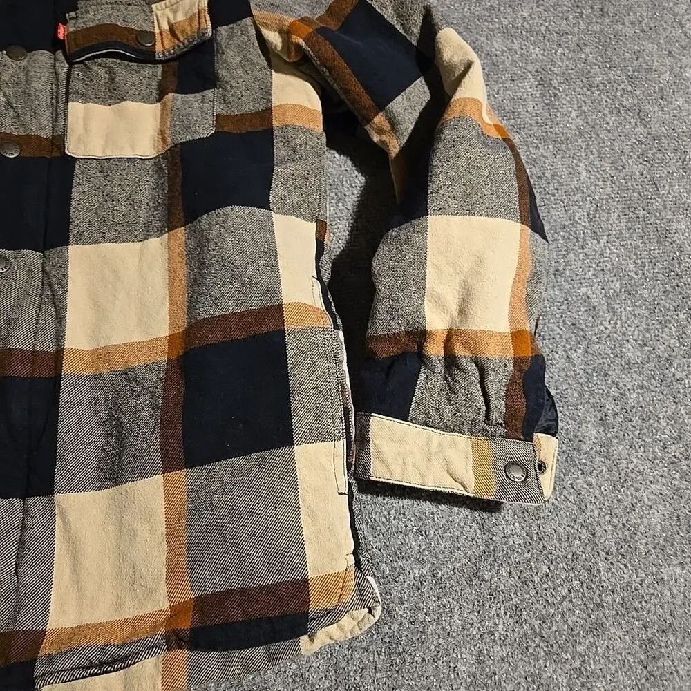 Levi's Sherpa Lined Hooded Jacket Mens Small Brown Plaid Front Zip Pockets